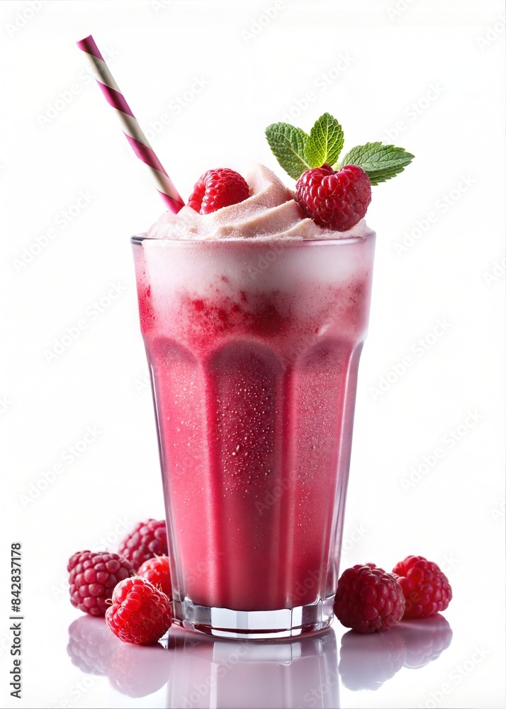 Indulgent, Creamy, and Refreshing Gourmet Raspberry Milkshake isolated on a white background Indulgent, Creamy, and Refreshing Gourmet Raspberry Milkshake isolated on a white background