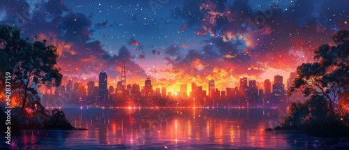 A colorful, illustrated cityscape blending traditional and digital art styles. 