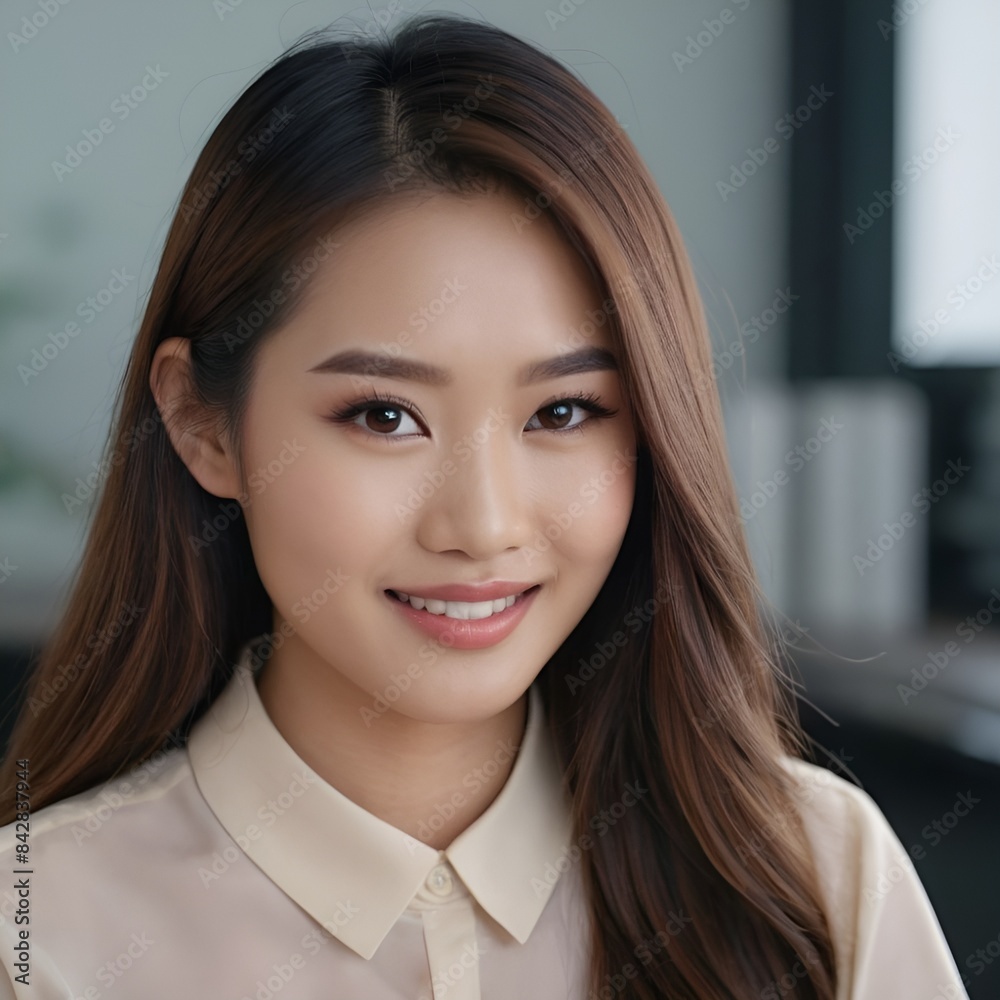 Pretty Asian beauty woman long hair with japanese makeup glowing face and healthy facial skin portrait smile on isolated office background Pretty Asian beauty woman long hair with japanese makeup glowing face and healthy facial skin portrait smile on isolated office background