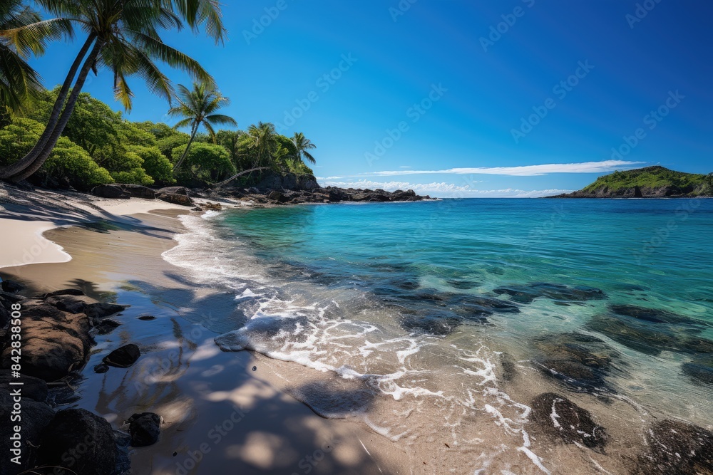 Fototapeta premium White sand beach, crystal clear waters and palm trees., generative IA