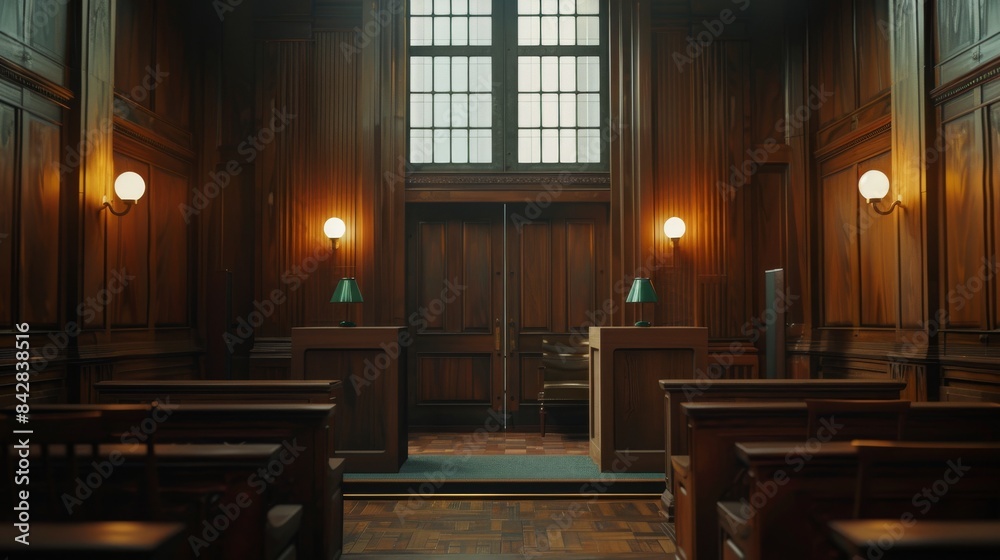 Obraz premium In the background is a grand wooden interior of a courthouse before a civil case hearing starts. Included is a bench for the judge, tables for defendants and plaintiffs, and a large wooden stand for