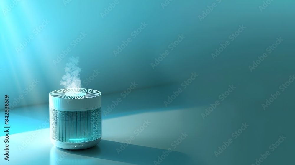 A white humidifier with a round shape sits and emits a cool mist. The humidifier is in focus while the background is blurred. A white humidifier with a round shape sits and emits a cool mist. The humidifier is in focus while the background is blurred.