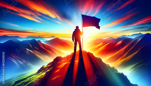 the shadow of a person standing triumphantly on a mountain peak, holding a flag. photo
