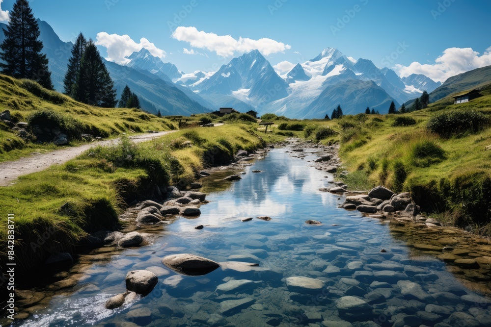 Naklejka premium Alpine huts on the edge of a mountain lake., generative IA