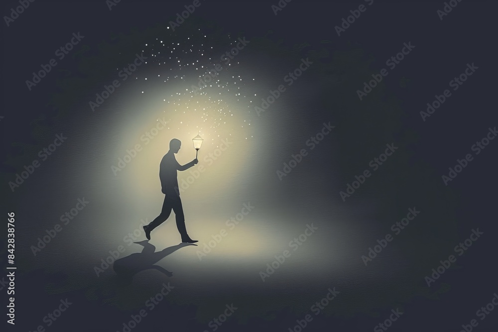 Sharp focus highlights the man and his lamp, creating a dreamlike atmosphere. Sharp focus highlights the man and his lamp, creating a dreamlike atmosphere.