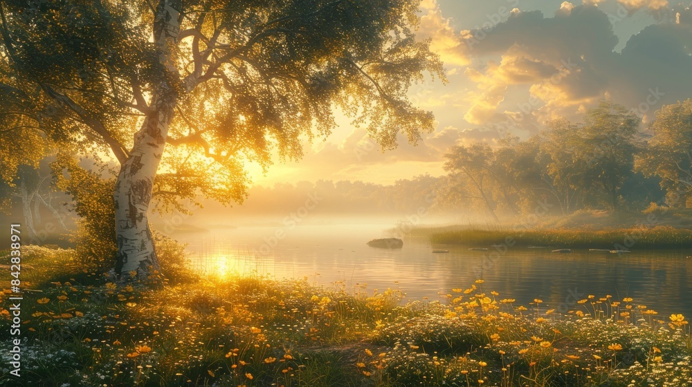 A realistic photo capturing the serene atmosphere of a summer morning in Russia A realistic photo capturing the serene atmosphere of a summer morning in Russia