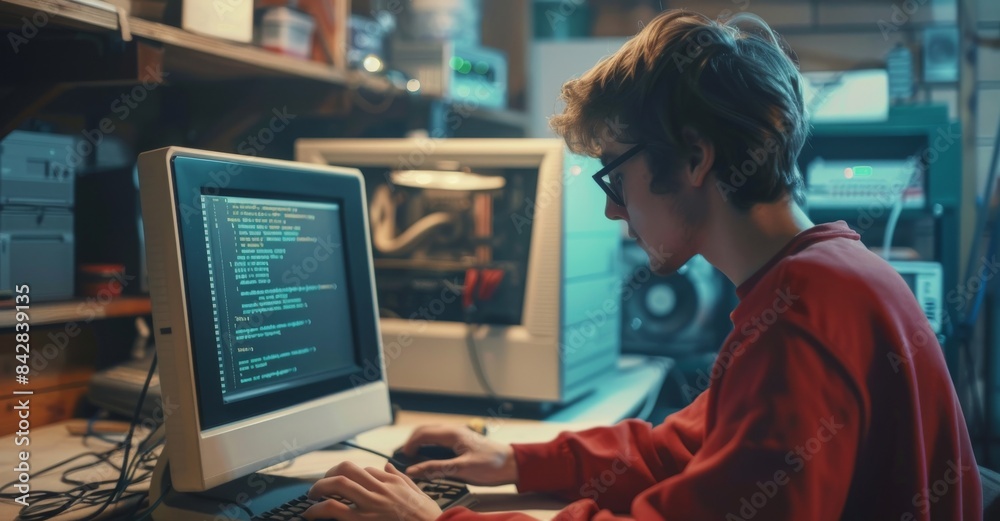 In The Nineties, A Caucasian Male Software Engineer Coding Innovative ...