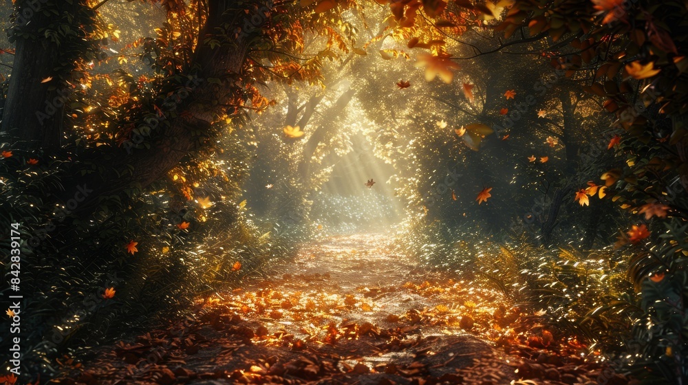 Fototapeta premium Woodland path with fallen leaves, dense trees, and soft sunlight