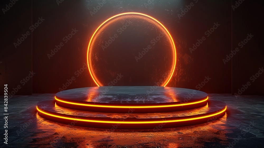 Abstract round podium illuminated with brown neon lights Abstract round podium illuminated with brown neon lights