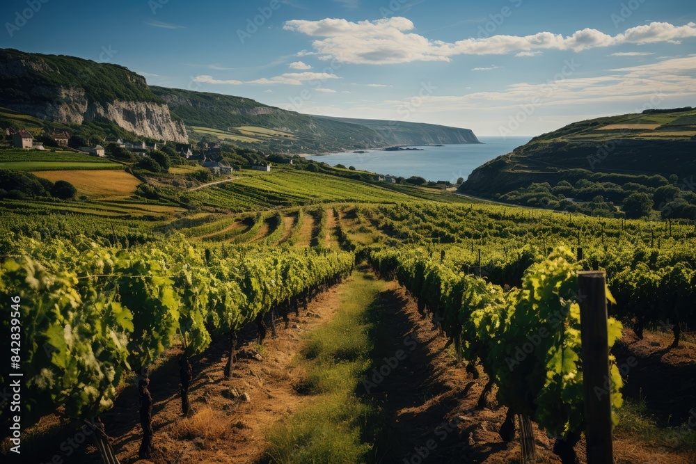 Naklejka premium Vineyards in perfect order under blue sky., generative IA