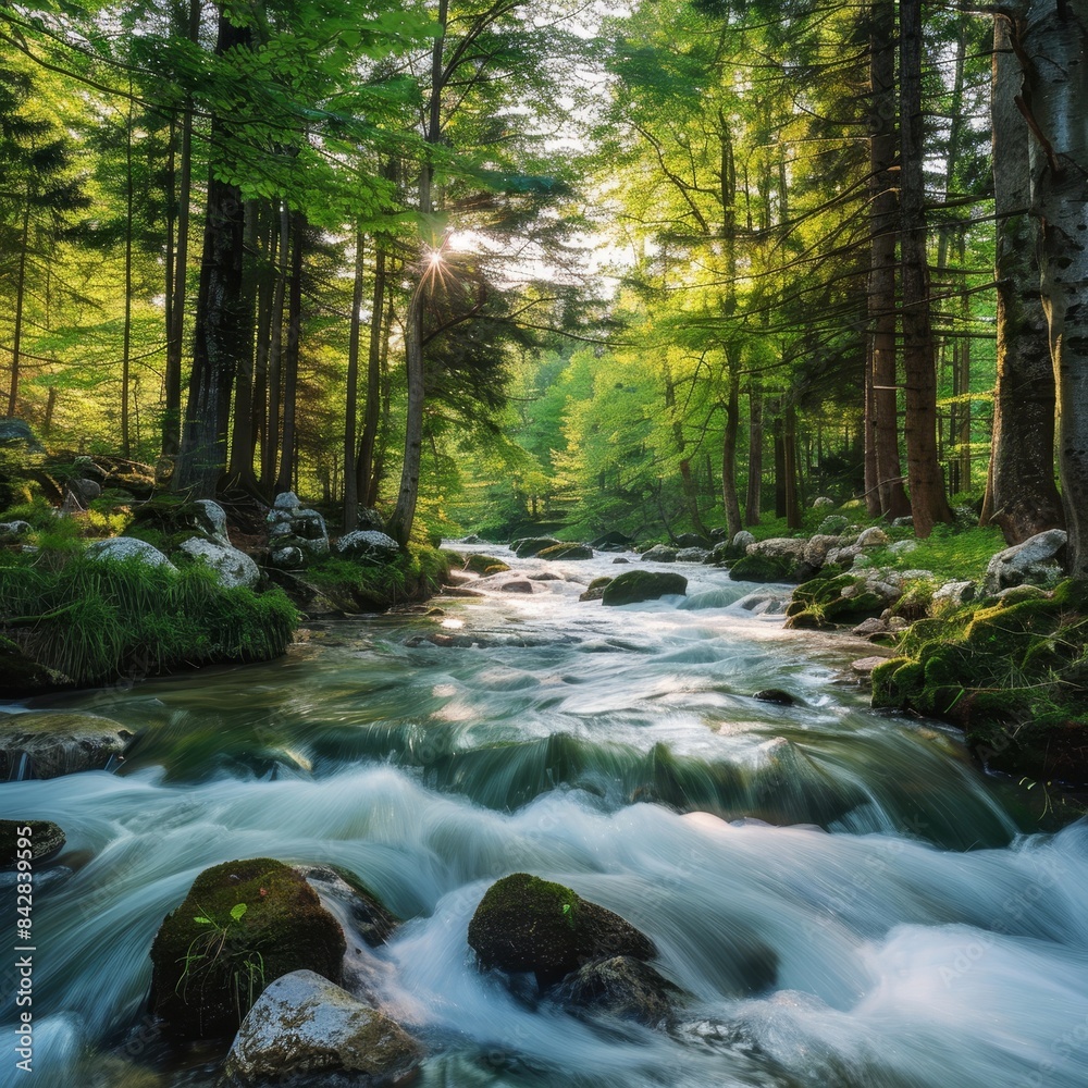 A tranquil river flows through a lush forest at sunset, surrounded by vibrant green trees and peaceful rocks in the water A tranquil river flows through a lush forest at sunset, surrounded by vibrant green trees and peaceful rocks in the water