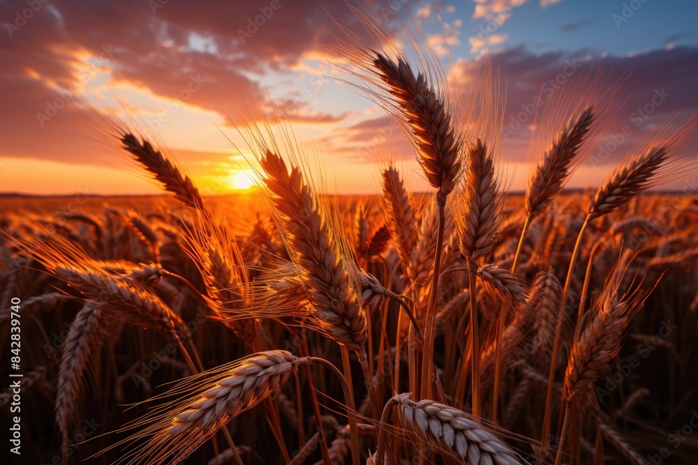 Golden wheat field under the sunset., generative IA Golden wheat field under the sunset., generative IA