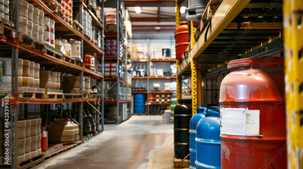 Chemical storage warehouse. Containers for chemical liquids. Warehouse system. Toxic barrels are kept in stock. Warehouse storage. Chemical Industry. Plastic barrels of chemicals are on pallets.