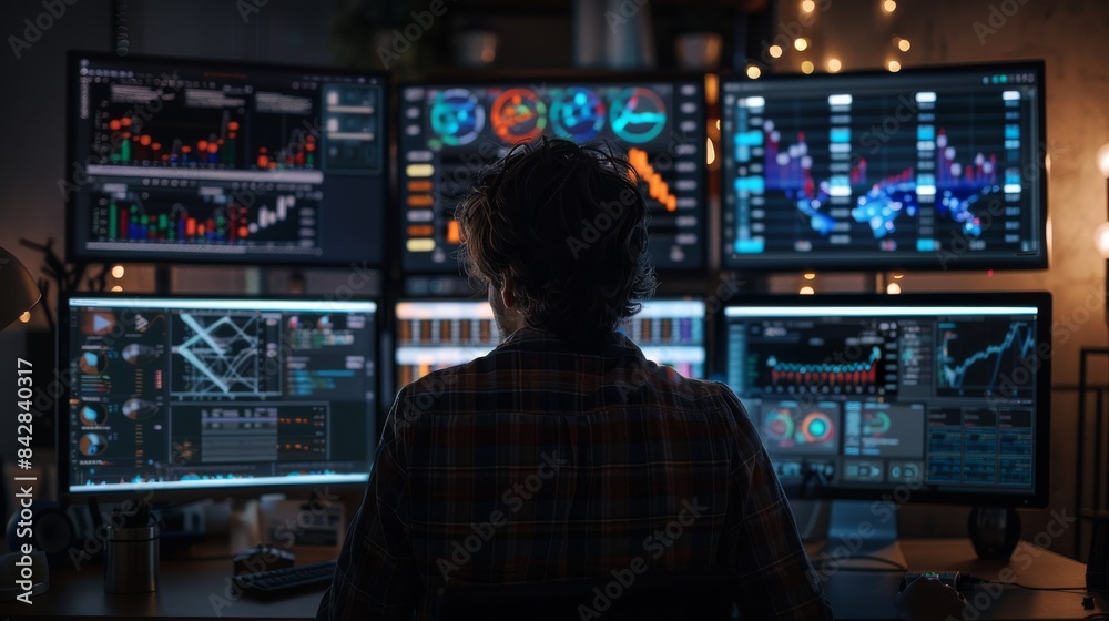 Using a desktop computer and big digital screen in a monitoring control room as a technical support specialist making an intercom announcement on a microphone.