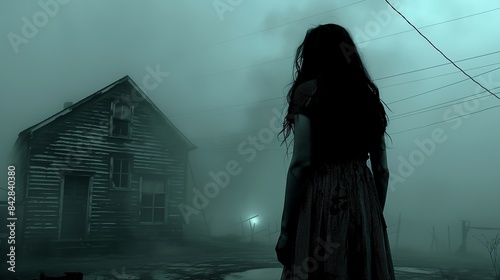 A silhouette of a woman stands before an eerie, dilapidated house shrouded in mist, creating a haunting and mysterious atmosphere.