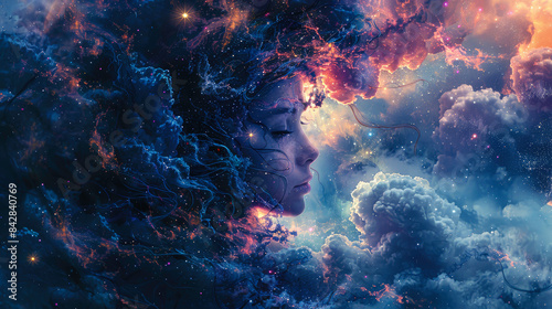Surreal Woman's Profile Blended With Cosmic Clouds And Starry Night Sky Ai Generated © PixelFusion Creation