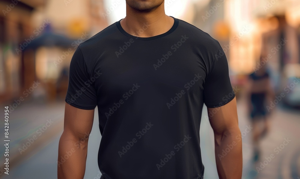 Young Man in Black T-Shirt with City Landscape and Blurred Bokeh Background. Casual T-Shirt Mockup Placement Young Man in Black T-Shirt with City Landscape and Blurred Bokeh Background. Casual T-Shirt Mockup Placement