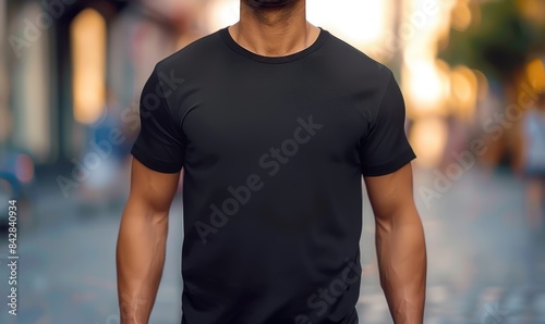 Young Man in Black T-Shirt with City Landscape and Blurred Bokeh Background. Casual T-Shirt Mockup Placement