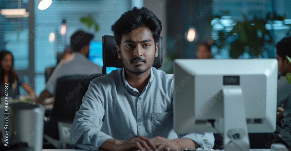 Obraz premium An Indian Accountant who books financial affairs of a business venture is pictured on a desktop computer in a modern office.