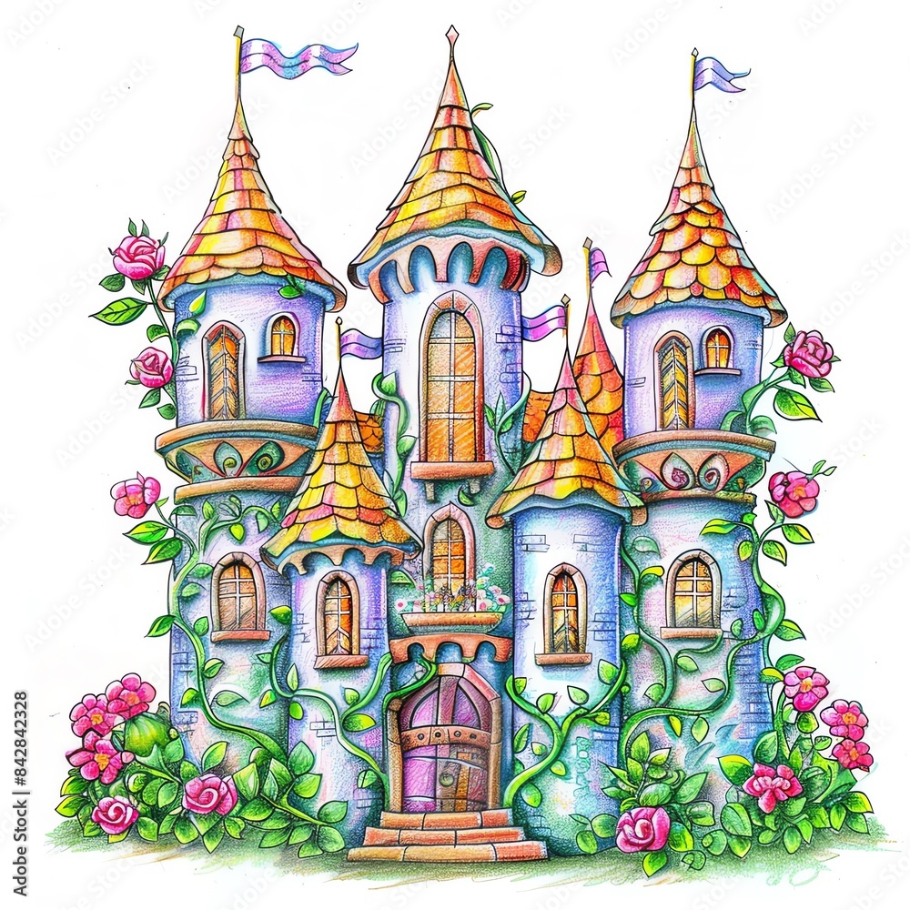 Colorful fairy tale castle with whimsical towers and blooming flowers. Perfect for fantasy and children's illustrations. Colorful fairy tale castle with whimsical towers and blooming flowers. Perfect for fantasy and children's illustrations.