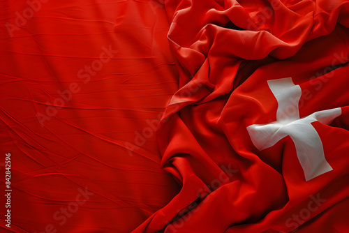A high-quality photo of the Swiss flag fluttering on a solid red background 