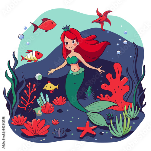 underwater scene with a majestic mermaid, colorful coral reefs, and various sea creatures swimming around