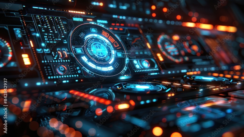 A futuristic interface display with holographic elements and dynamic lighting. The high-resolution background captures the essence of advanced technology, with shadows adding depth and realism. This A futuristic interface display with holographic elements and dynamic lighting. The high-resolution background captures the essence of advanced technology, with shadows adding depth and realism. This