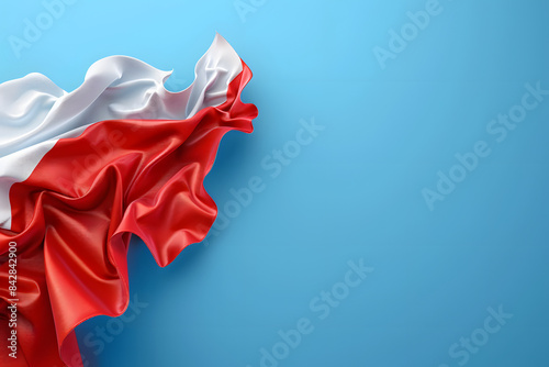 A high-resolution image of the Polish flag waving dynamically on a solid blue background