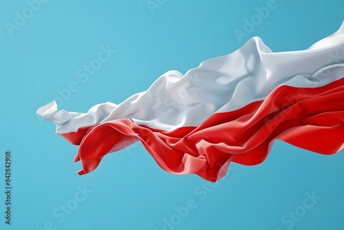 A high-resolution image of the Polish flag waving dynamically on a solid blue background