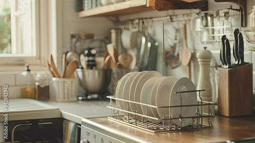 Clean and organized kitchen with a stainless steel dish rack and a stylish spoon holder.