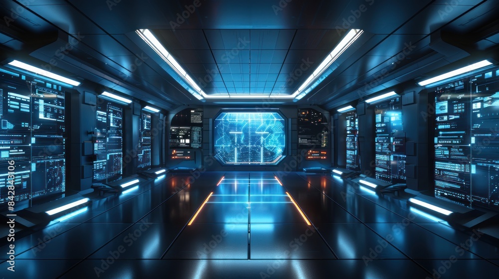 A futuristic workspace with advanced holographic displays and ambient lighting. The high-resolution image showcases the clean lines and sleek design, with shadows adding depth and realism. This