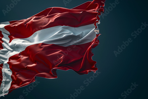 A detailed shot of the Danish flag (Dannebrog) on a solid dark blue background 