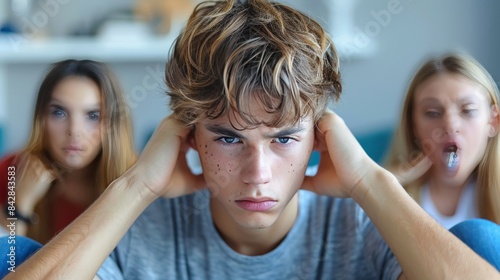 Upset child covering ears as parents argue heatedly without noticing his distress photo