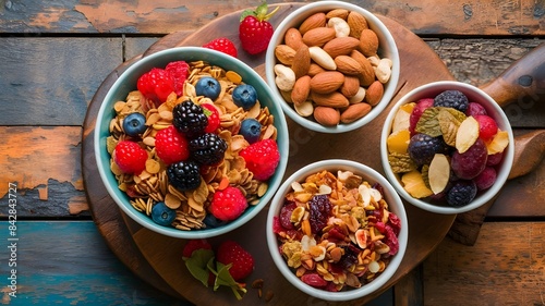 Healthy Breakfast Three Bowls of Cereal and Nuts on a Rustic Wooden Table