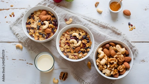 Healthy Breakfast Three Bowls of Cereal and Nuts on a Rustic Wooden Table