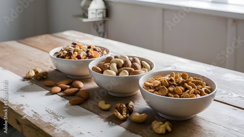 Balanced Diet Three Cereal and Nut Bowls Displayed on Wooden Table