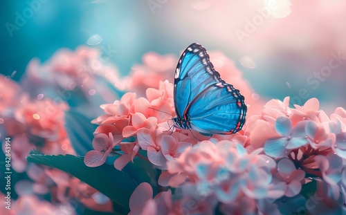 Beautiful blue butterfly on pink flowers in the garden, nature background. A beautiful tropical animal with bright colored wings. © Aleena