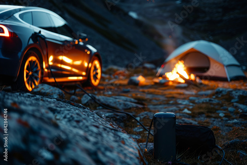 A powerful, reliable portable EV charger next to electric SUV, ready for any adventure in any condition.