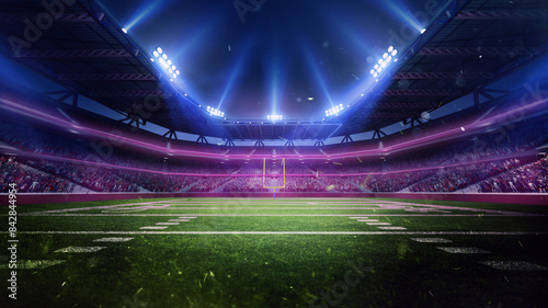 Aerial view of 3D render American football, soccer stadium with blurred tribunes with fans, empty arena in neon light. Open air match. Professional sport, event, tournament, game, championship concept photo