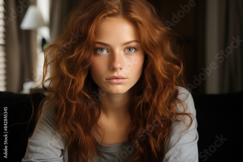 Young attractive redhead dreamer with natural makeup looking positively on the sid, generative IA © Gabriel