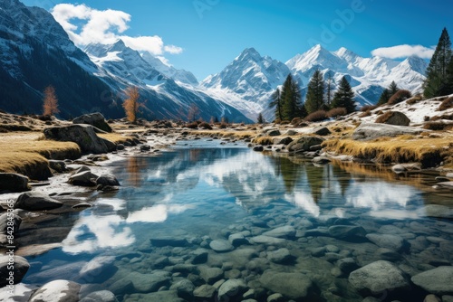 Lake mirroring majestic mountains under blue sky., generative IA