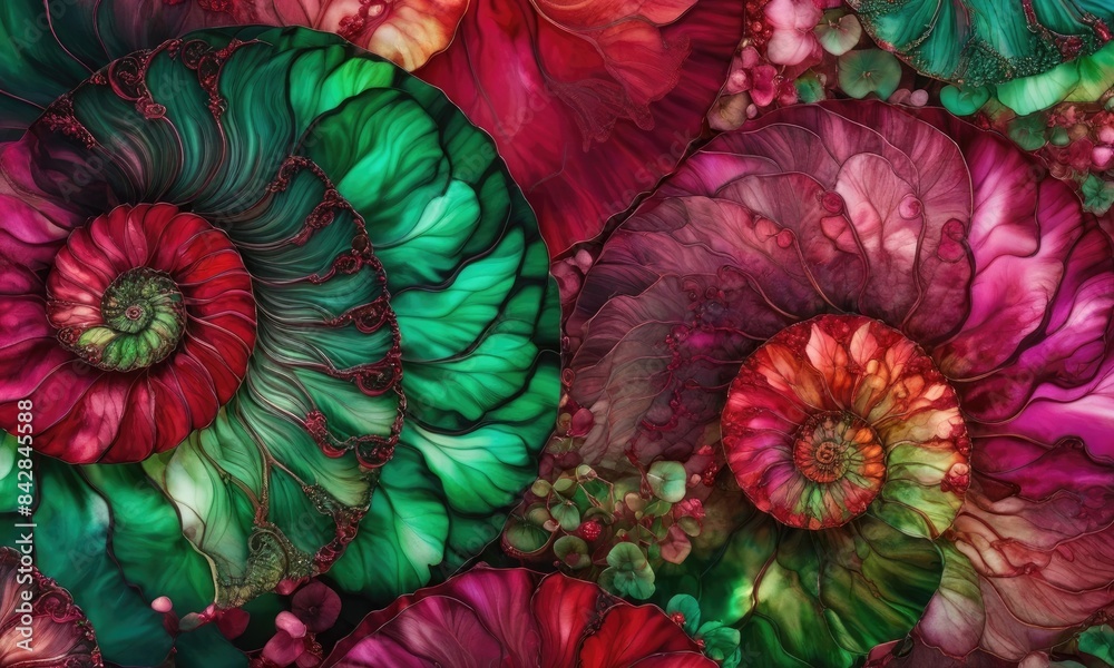 Abstract Floral Artwork With Spiraling Patterns In Red, Green, And Purple Hues Abstract Floral Artwork With Spiraling Patterns In Red, Green, And Purple Hues
