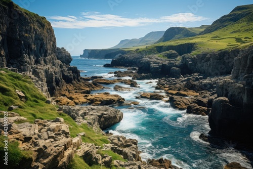 Remote island, cliffs steep, blue-turquoise ocean., generative IA