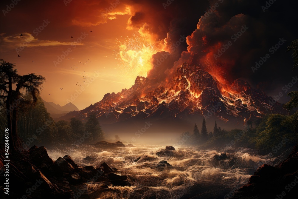 Volcanic eruption ashes and smoke in the sky., generative IA Volcanic eruption ashes and smoke in the sky., generative IA