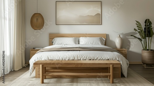 Minimalist bedroom with a bed, a wooden bench at the foot of the bed, and simple decor.