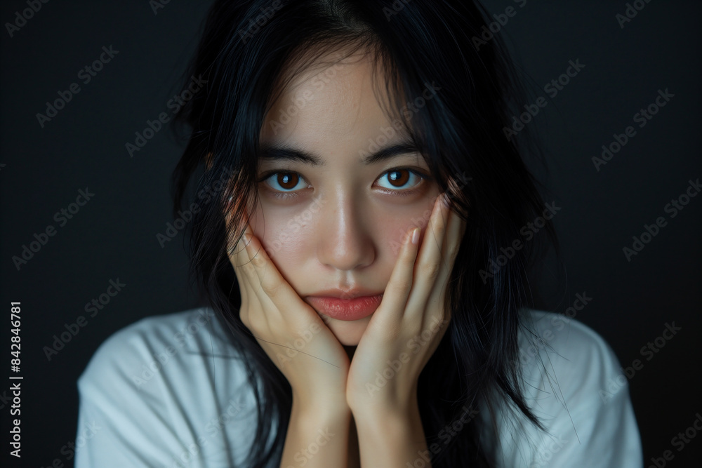 怪談や怖い話を聞く若い日本人女性。黒い背景。 怪談や怖い話を聞く若い日本人女性。黒い背景。