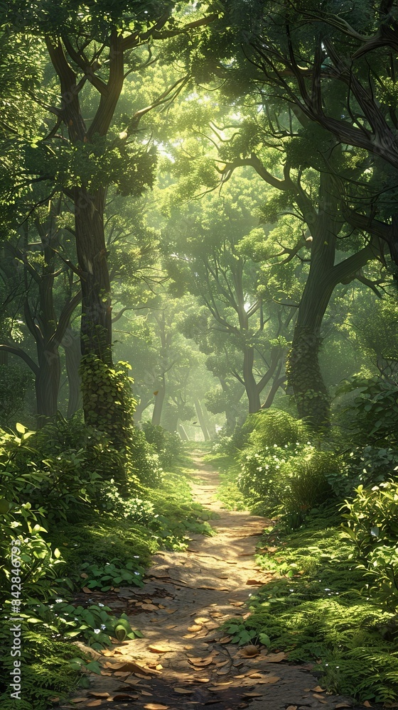 Obraz premium An enchanting forest with towering trees, dappled sunlight, and hidden pathways, realistic.
