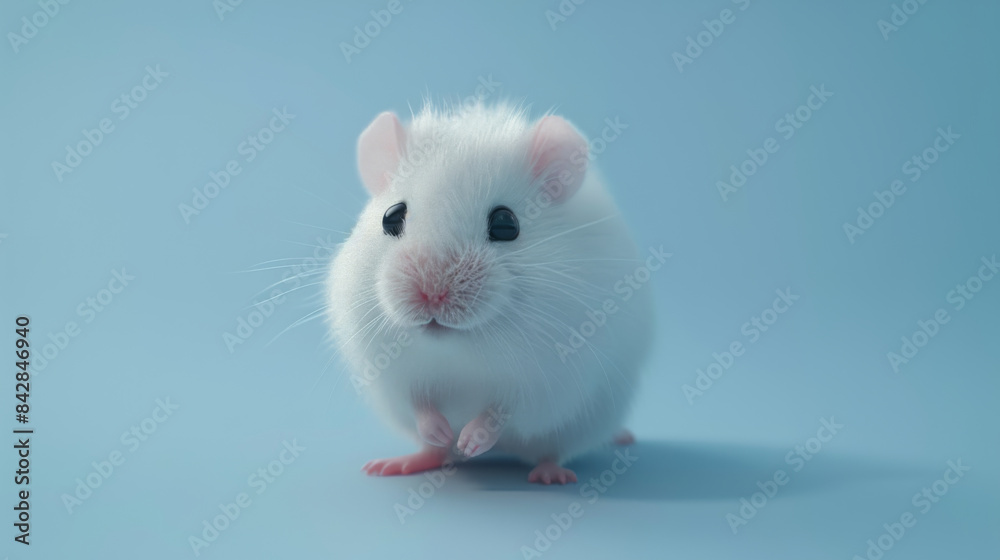 Cute white hamster sitting on a soft blue background, highlighting its fluffy fur and tiny pink paws. Cute white hamster sitting on a soft blue background, highlighting its fluffy fur and tiny pink paws.