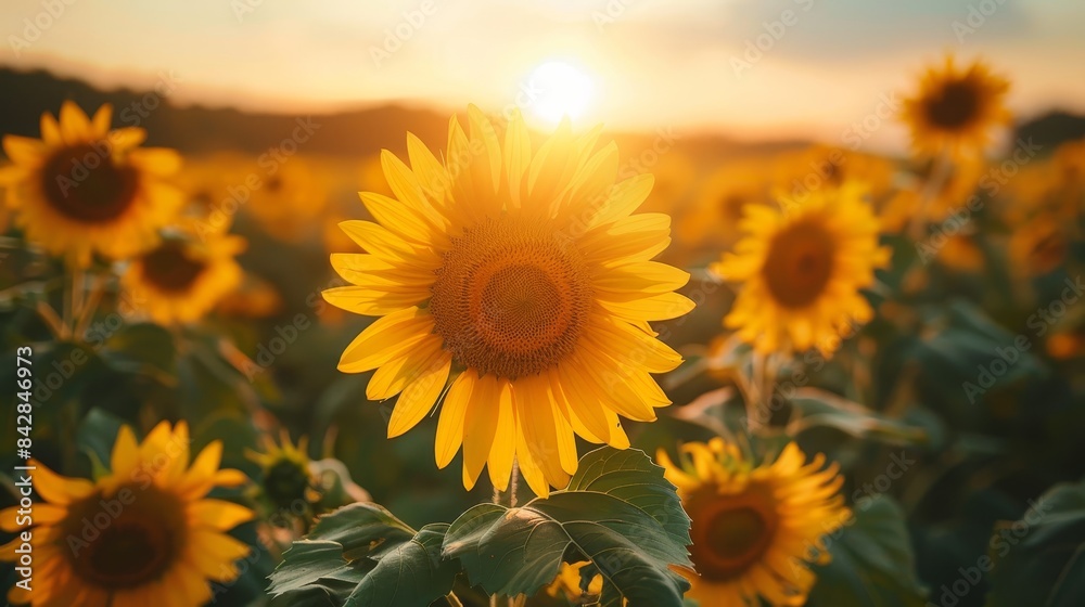 Obraz premium Sunflower field with tall, bright yellow flowers under a clear sky