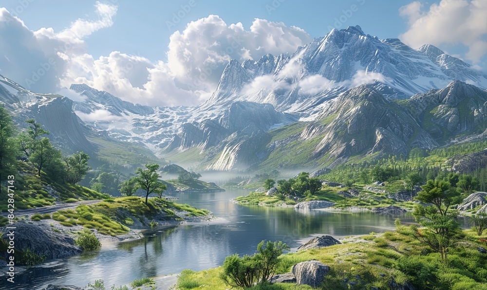 Fototapeta premium A serene mountain pass with winding roads. Realistic.